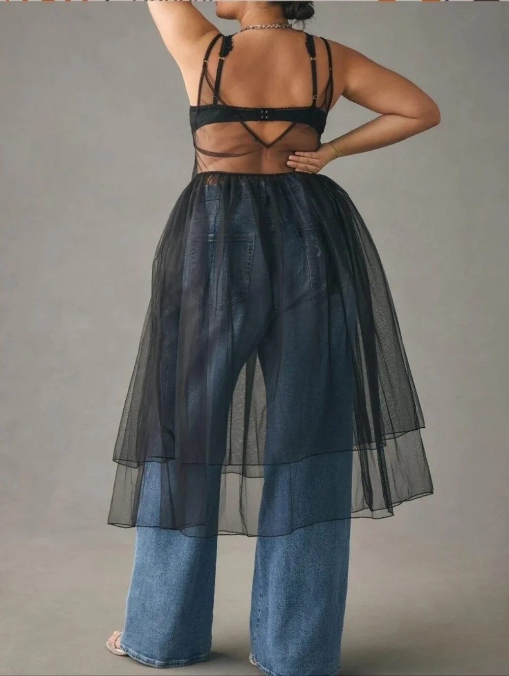 Anthropologie Black Sheer Slip Tulle Midi Dress - Picture 2 of 7